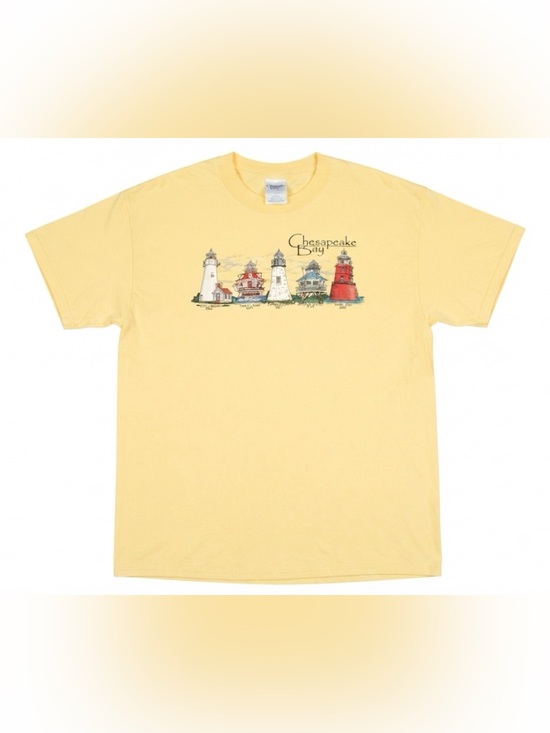 Delta Other - Chesapeake Bay Lighthouses T-Shirt Mens XL Yellow 100% Cotton‎ Graphic Tee